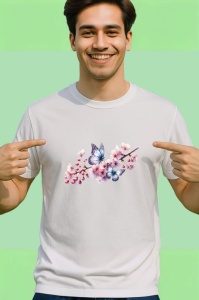 Tricou Fluturi mici pe crengute cu flori roz fundal eteric Copii | Dama | Barbat Barbat - Img 2