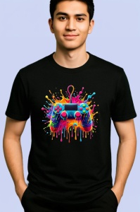 Tricou Gamepad colorat cu stropi si vopsea fundal alb Copii | Dama | Barbat, culoare negru - Img 2