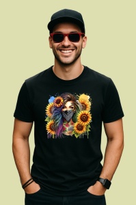 Tricou Girl bandana sunflower burst, fata cu bandana si floarea soarelui exploziva, Copii | Dama | Barbat , tricou negru - Img 3