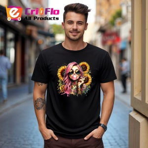 Tricou Girl bubblegum sunflower sunglasses, fata guma de mestecat cu ochelari si floarea soarelui, Copii | Dama | Barbat , tricou negru - Img 10