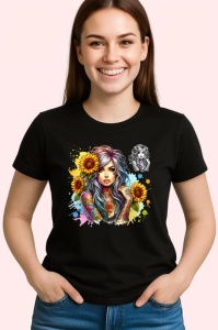 Tricou Girl colorful ink sunflower mix, fata cu tatuaje colorate si floarea soarelui, Copii | Dama | Barbat , tricou negru