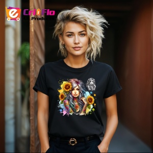 Tricou Girl colorful ink sunflower mix, fata cu tatuaje colorate si floarea soarelui, Copii | Dama | Barbat , tricou negru - Img 8