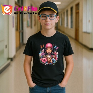 Tricou Girl drinking iced coffee pink cap, fata band cafea rece si sapca roz, Copii | Dama | Barbat , tricou negru - Img 6