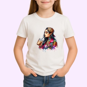 Tricou girl leopard jacket iced coffee, fata cu geaca leopard si cafea cu gheata, Copii | Dama | Barbat - Img 3