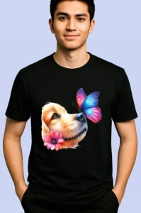 Tricou Golden Retriever cu fluture pe nas si fundal roz pastel Copii | Dama | Barbat Barbat - Img 4
