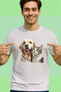 Tricou Golden Retriever si pisica gri tabby fericire in doi Copii | Dama | Barbat Barbat - Img 2
