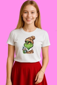 Tricou Grinch Boujee Christmas Leopard, din bumbac 100%, tricou alb, Copii | Dama | Barbat