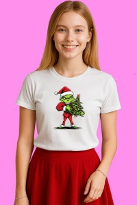 Tricou Grinch Cu Brad In Mana Costum Rosu, din bumbac 100%, tricou alb, Copii | Dama | Barbat - Img 3