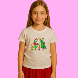 Tricou Grinch Decorating Christmas Tree Pink Accents, din bumbac 100%, tricou alb, Copii | Dama | Barbat