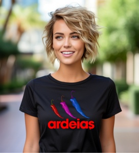 Femeie zâmbitoare purtând un tricou negru cu un design grafic ce prezintă trei ardei colorați și textul 'ardeias' în roșu, pozând într-un cadru exterior luminos.