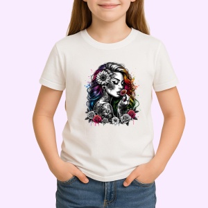 Tricou half black half color girl skull tattoo, fata jumatate alb negru cu tatuaj craniu, Copii | Dama | Barbat - Img 3