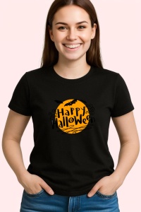 Tricou Happy Halloween Text Portocaliu, din bumbac 100%, tricou negru, Dama | Barbat