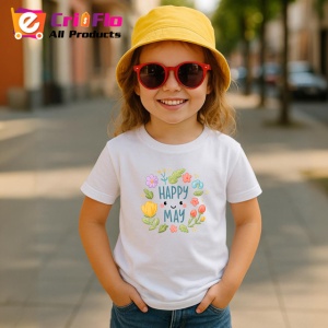 Tricou Happy May Flori Colorate Fundal Gri V1, din bumbac 100% , tricou alb pentru Copii | Dama | Barbat - Img 5