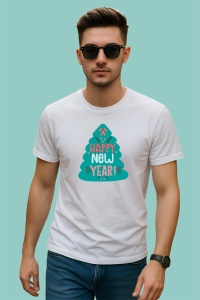 Tricou Happy New Year Brad Stilizat, din bumbac 100%, tricou alb, Dama | Barbat