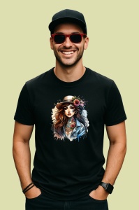 Tricou Hat flower girl natural tattoo art, fata cu palarie si tatuaj floral natural, Copii | Dama | Barbat , tricou negru - Img 3