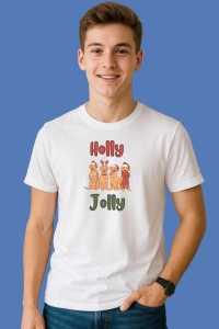 Tricou Holly Jolly Caini Cu Caciuli Craciun, din bumbac 100%, tricou alb, Copii | Dama | Barbat - Img 3