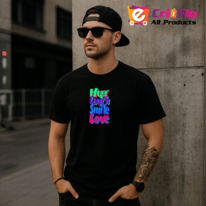 Tricou Hug Laugh Smile Love Text Colorat V1, din bumbac 100%, tricou negru Copii | Dama | Barbat - Img 6