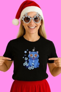 Tricou Huntrix K Pop Hunters Demon Pisica Albastra Ornament Floral, din bumbac 100%, tricou negru, Copii | Dama | Barbat - Img 3