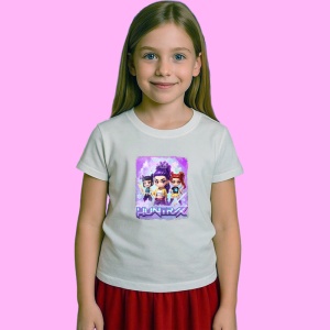Tricou Huntrix K Pop Hunters Demon Poster Cu Margine Mov Si Pisica, din bumbac 100%, tricou alb, Copii | Dama | Barbat - Img 2
