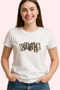 Tricou Hustle Bani Si Litere Design Urban, din bumbac 100% , tricou alb pentru Copii | Dama | Barbat - Img 3