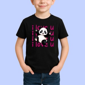 Tricou I Love U Panda Dragut Inimi Roz V1, din bumbac 100%, tricou negru Copii | Dama | Barbat - Img 2