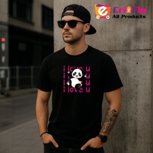 Tricou I Love U Panda Dragut Inimi Roz V1, din bumbac 100%, tricou negru Copii | Dama | Barbat - Img 6