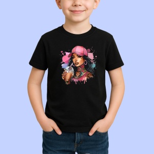 Tricou Iced coffee girl brown hair, fata cafea rece cu par saten, Copii | Dama | Barbat , tricou negru - Img 2