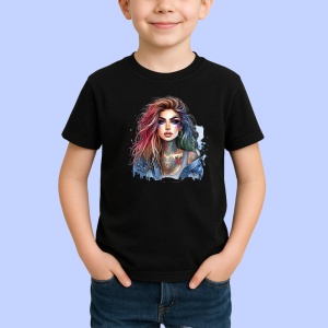 Tricou Intense look woman rainbow hair tattoo, femeie cu privire intensa si par curcubeu, Copii | Dama | Barbat , tricou negru - Img 2