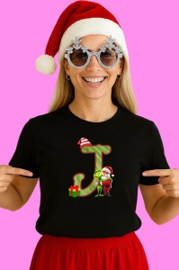 Tricou J Litere Craciun Cu Mos Si Grinch, din bumbac 100% Copii | Dama | Barbat - Img 3