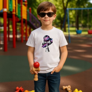 Tricou Kendama futurista violet si negru stil cosmic, din bumbac 100%, tricou alb, Copii | Dama | Barbat