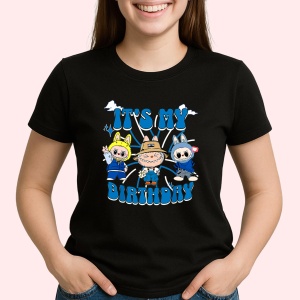 Tricou Labubu birthday albastru, Unisex Dama si Barbat | Copii, Culoare Negru