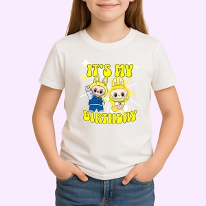 Tricou Labubu birthday yellow, Unisex Dama si Barbat | Copii