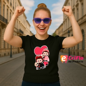 Tricou Labubu pupici rosii, Unisex Dama si Barbat | Copii, Culoare Negru - Img 3
