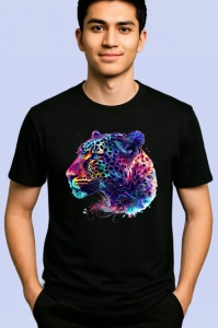 Tricou Leopard in stil pictura digitala fundal alb Copii | Dama | Barbat, culoare negru - Img 2