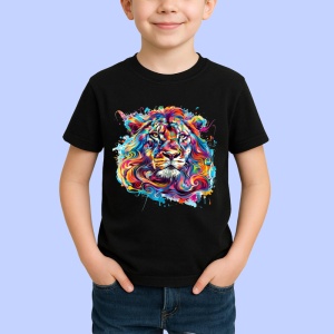 Tricou Leu artistic curcubeu cu coama flacara Copii | Dama | Barbat, culoare negru - Img 4