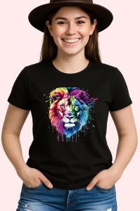 Tricou Leu artistic in culori calde si reci fundal alb Copii | Dama | Barbat, culoare negru - Img 3