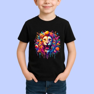 Tricou Leu inflacarat cu fundal roz portocaliu Copii | Dama | Barbat, culoare negru - Img 4