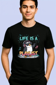 Tricou Life Is A Playlist Pinguin Casti, Copii | Dama | Barbat, culoare negru - Img 2