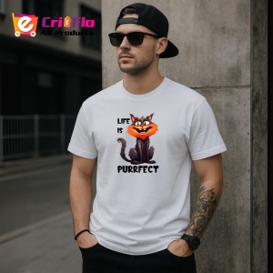 Tricou life is purrfect poster pisica zambitoare mesaj amuzant, Copii | Dama | Barbat - Img 4