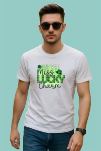Tricou Little Miss Lucky Charm Text Verde Trifoi, din bumbac 100% , tricou alb pentru Copii | Dama | Barbat - Img 3