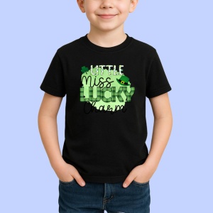 Tricou Little Miss Lucky Charm Text Verde Trifoi, din bumbac 100%, tricou negru Copii | Dama | Barbat - Img 2