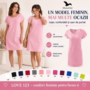 Tricou Lung Tip Rochie Damă Malfini Love 123, Roz, 95% Vâscoză, Croială Lejeră, Guler Tip Barcă, XS–2XL - Img 6