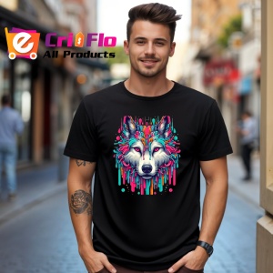 Tricou Lup alb cu ochi albastri in stil modern Copii | Dama | Barbat, culoare negru - Img 5