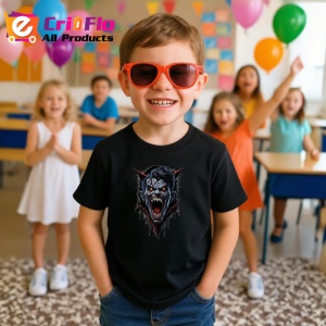 Tricou Lup negru infricosator fundal rosu Copii | Dama | Barbat, culoare negru - Img 1