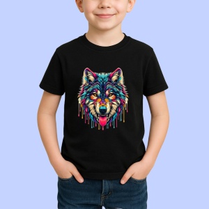 Tricou Lup realist cu efecte multicolore si limba scoasa Copii | Dama | Barbat, culoare negru