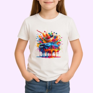 Tricou Masina colorata cu stropi si cercuri fundal alb Copii | Dama | Barbat - Img 3