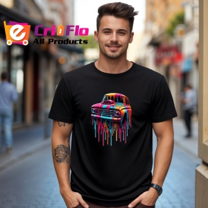 Tricou Masina retro in stil graffiti cu vopsea curgatoare Copii | Dama | Barbat, culoare negru - Img 6