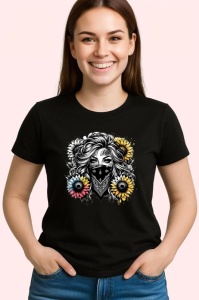 Tricou Masked woman flower eyes tattoo, femeie cu masca si tatuaj ochi de flori, Copii | Dama | Barbat , tricou negru