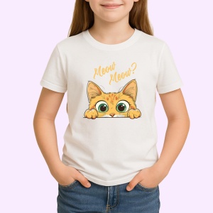 Tricou Meow Meow Pisica Portocalie Ochi Mari, din bumbac 100% , tricou alb pentru Copii | Dama | Barbat - Img 2