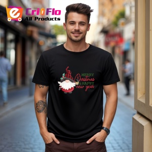 Tricou Merry Christmas Happy New Year Gnom, din bumbac 100%, tricou negru, Dama | Barbat